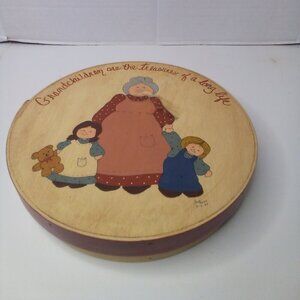 Vintage Round Cheese Box Painted Grandchildren Grandmother Cottagecore FLAW 10"